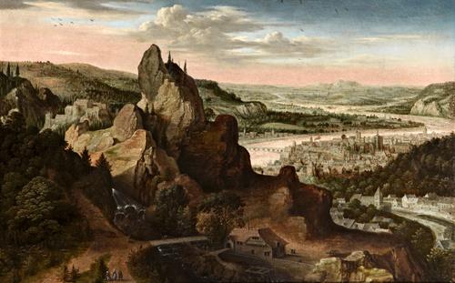 Lucas van Valckenborch A Panoramic Mountain Landscape, with a City, possibly Frankfurt, beyond
